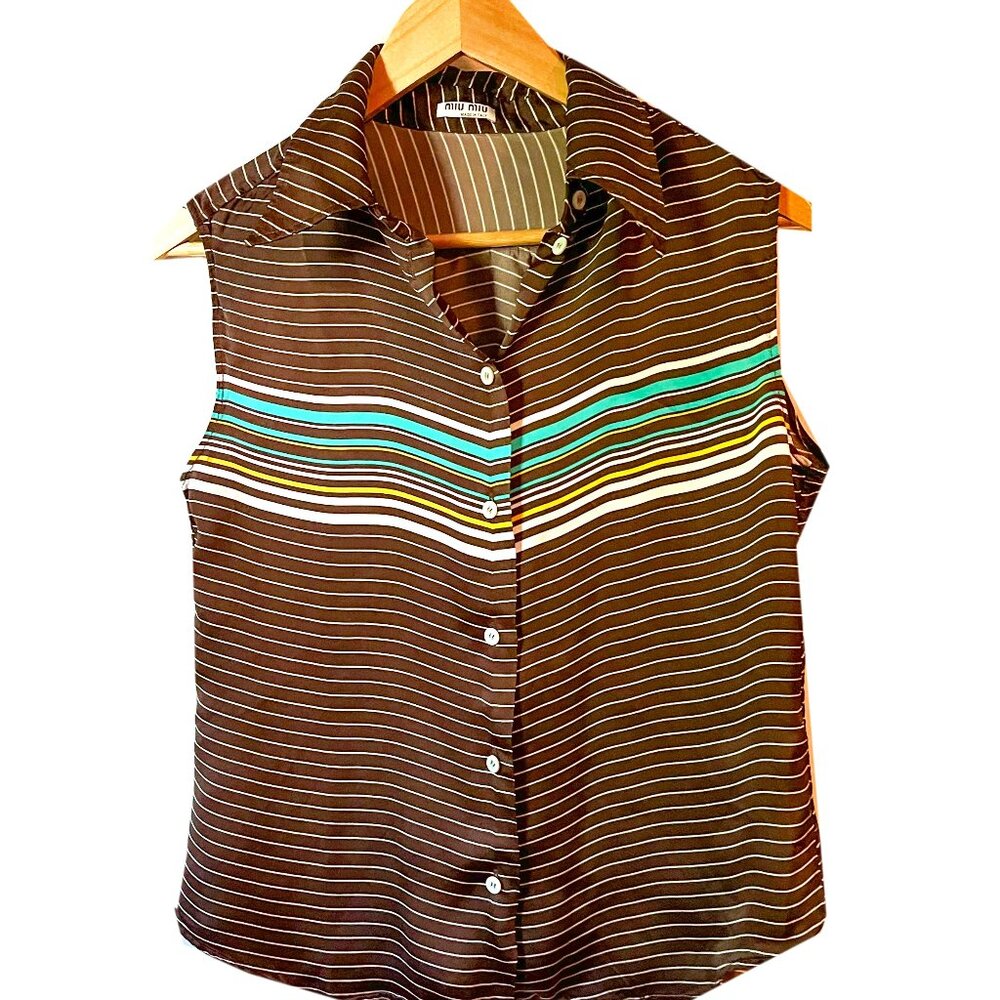 Miu Miu chevron striped satin sleeveless button top